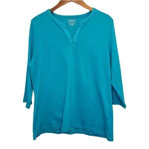 L.L. Bean Womens XL Teal Blue Splitneck Cotton Three Quarter Sleeve Tunic Tee